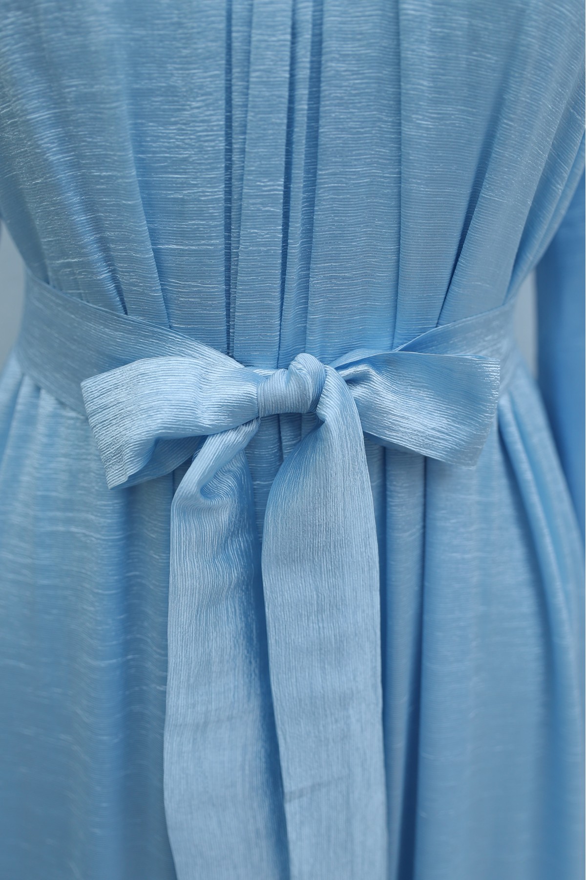Long dress with ruffled neckline and hem, elasticated sleeves, crinkle crepe lining. -Baby Blue