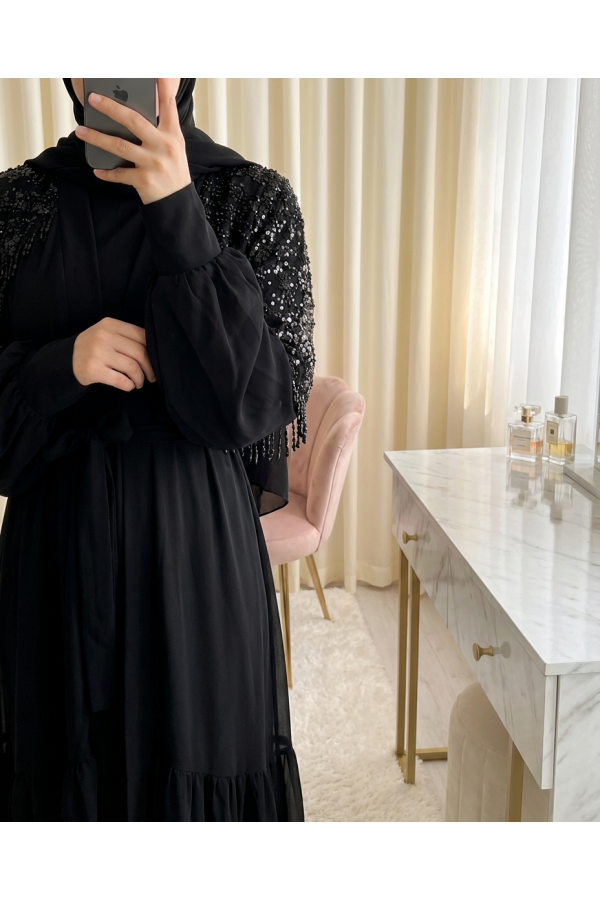Kesme Boncuklu Kemerli İkili Abaya Takım -Siyah
