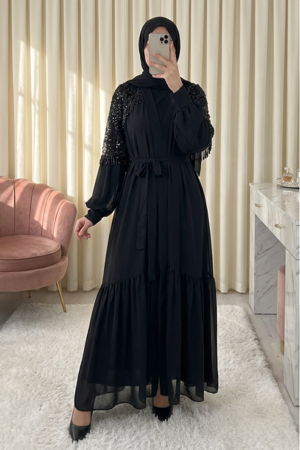 Kesme Boncuklu Kemerli İkili Abaya Takım -Siyah