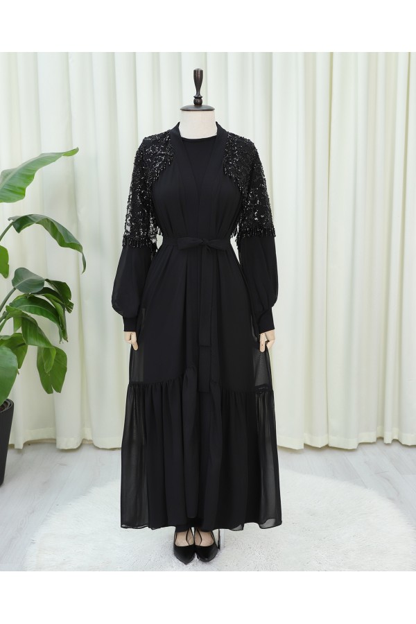 Kesme Boncuklu Kemerli İkili Abaya Takım -Siyah