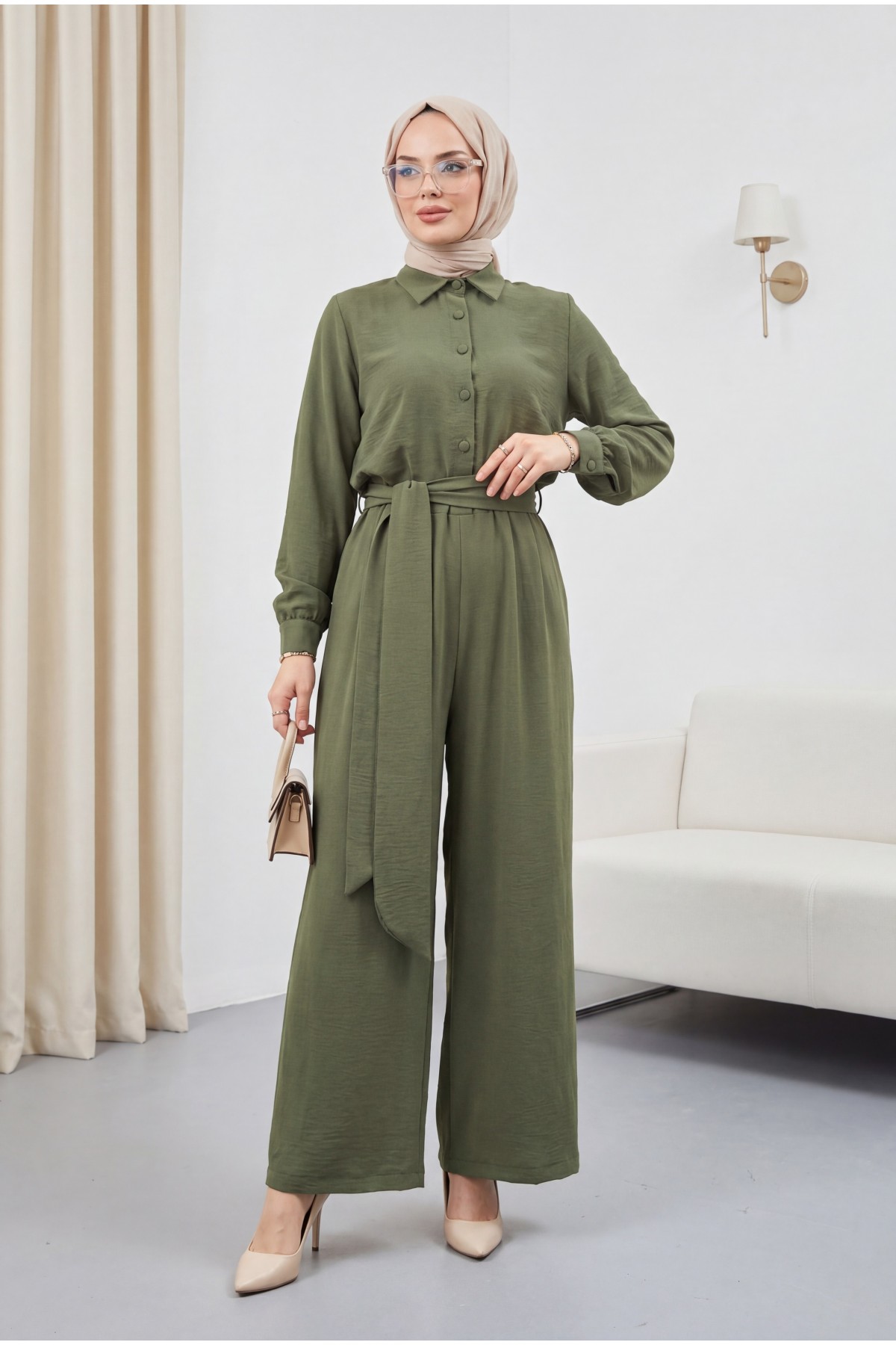 Half Buttoned Belted Elastic Waist Overalls -Khaki