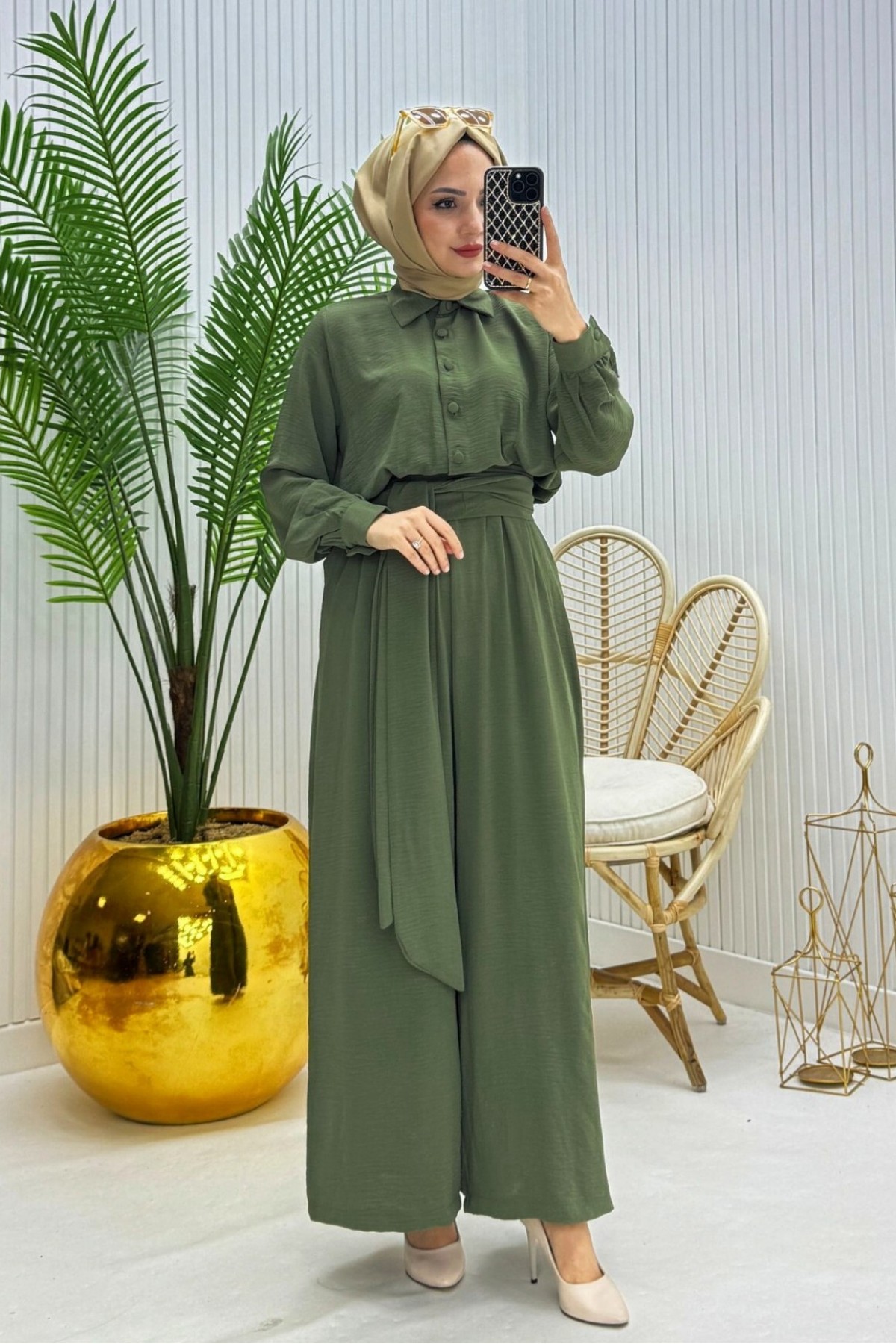 Half Buttoned Belted Elastic Waist Overalls -Khaki