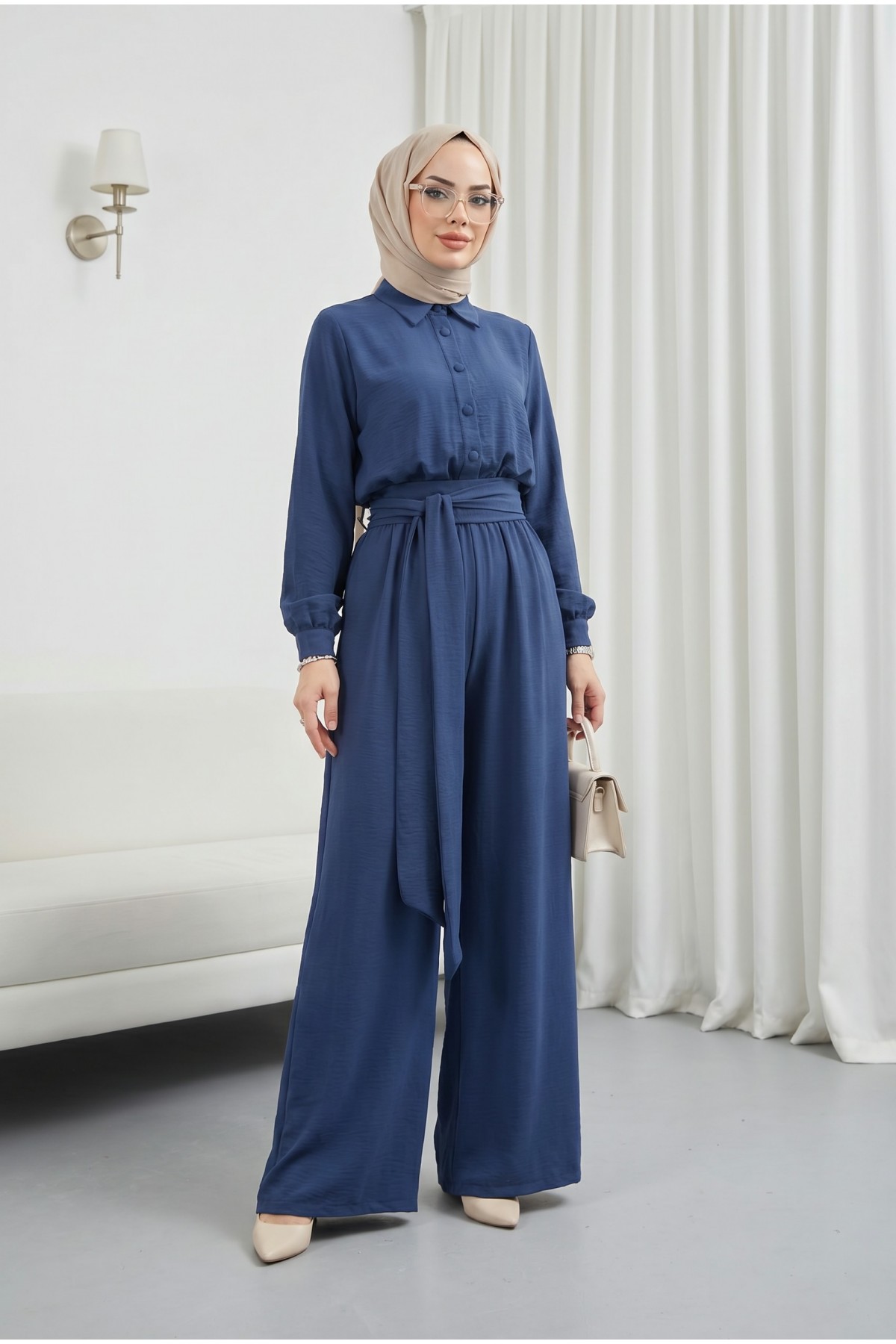 Half Buttoned Belted Elastic Waist Overalls -İndigo