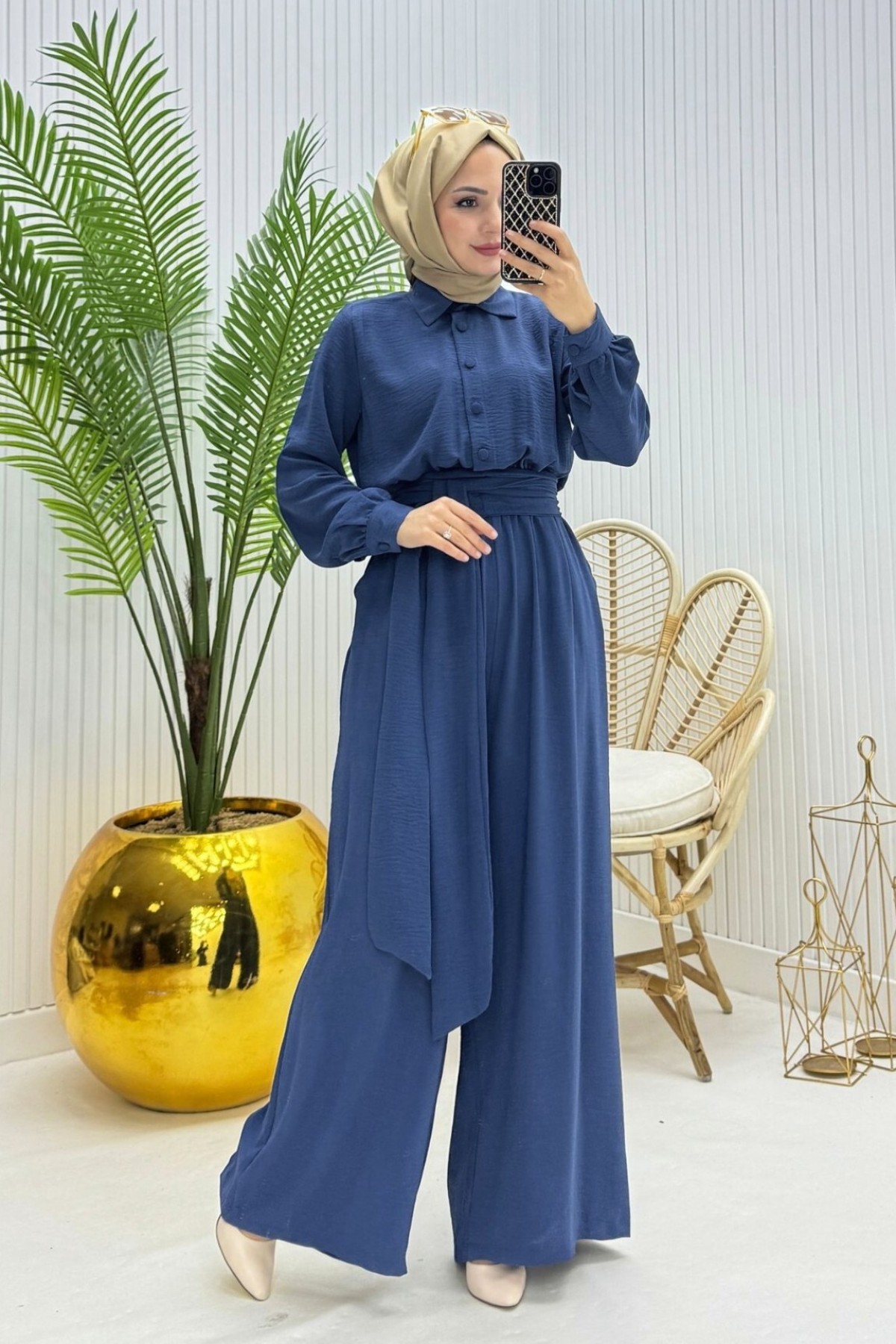 Half Buttoned Belted Elastic Waist Overalls -İndigo