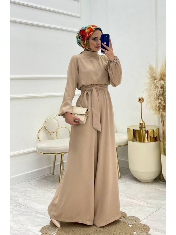 Rose Jumpsuit with Stand Collar and Belt  -Mink color