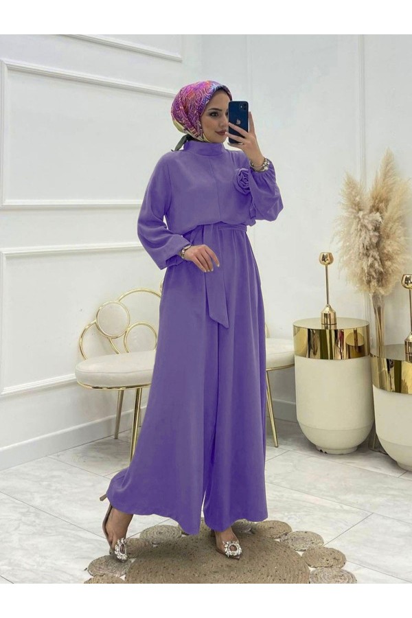 Rose Jumpsuit with Stand Collar and Belt -Lilac