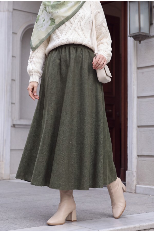 Diagonal Skirt with Elastic Waist and Double Pockets -Khaki