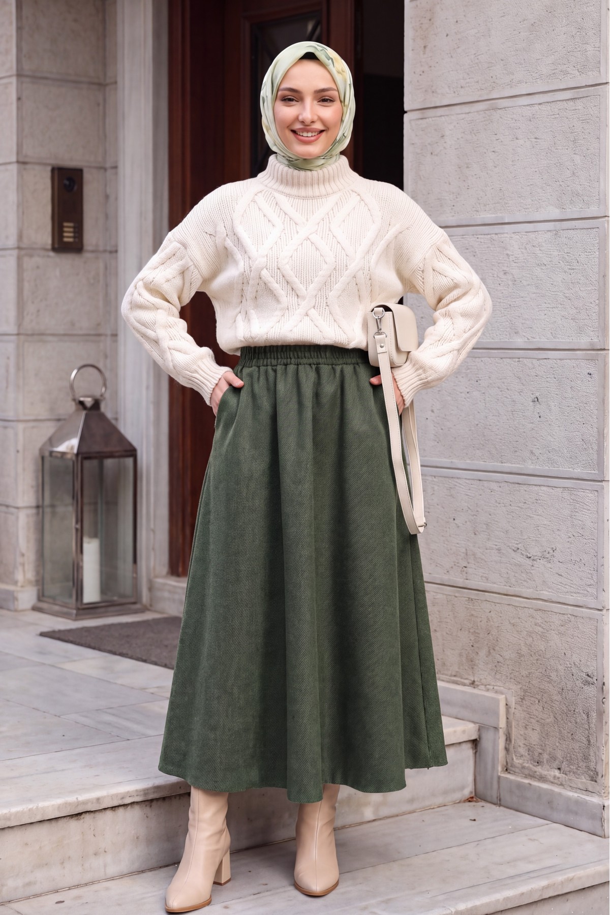 Diagonal Skirt with Elastic Waist and Double Pockets  -Khaki