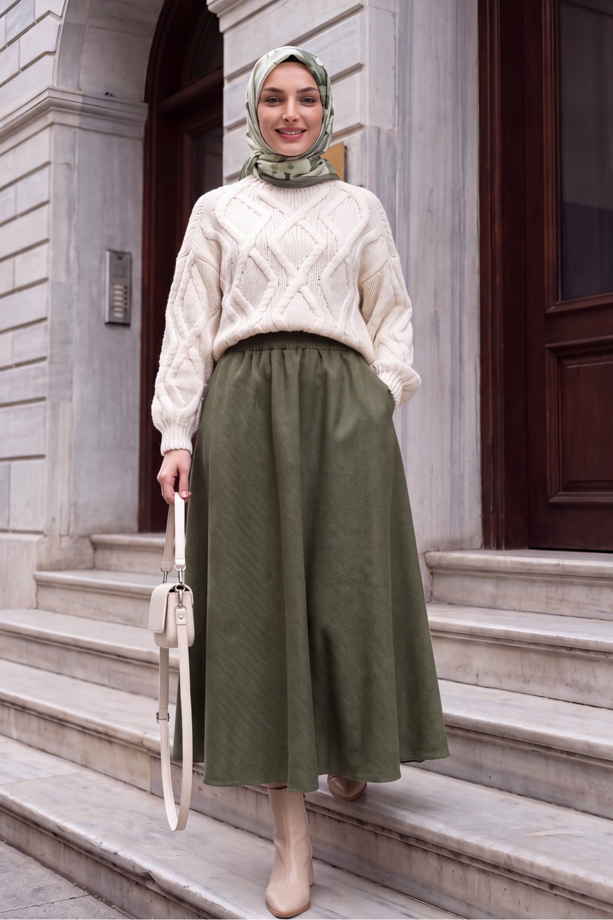 Diagonal Skirt with Elastic Waist and Double Pockets  -Khaki