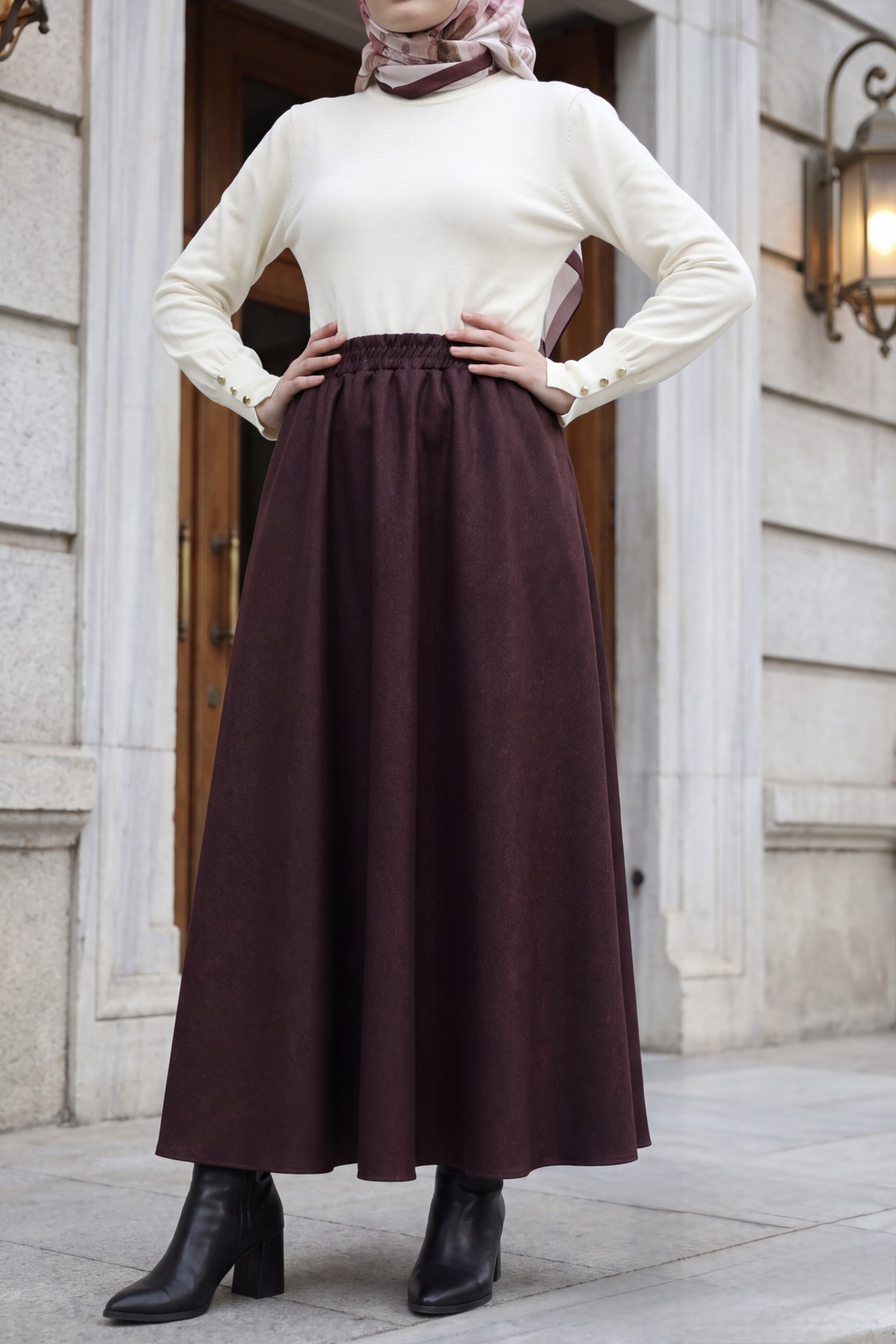 Diagonal Skirt with Elastic Waist and Double Pockets  -Damson