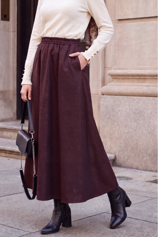 Diagonal Skirt with Elastic Waist and Double Pockets -Damson