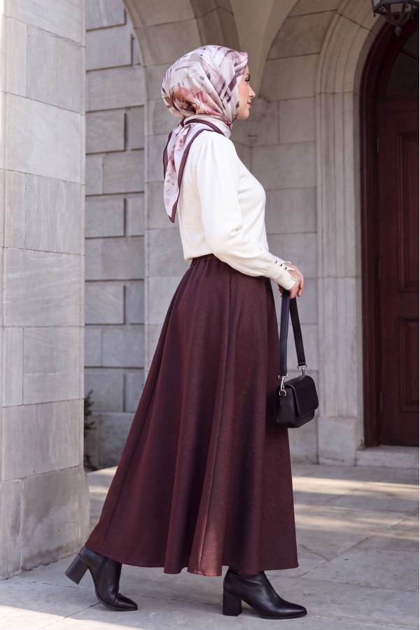 Diagonal Skirt with Elastic Waist and Double Pockets -Damson