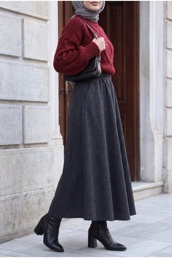 Diagonal Skirt with Elastic Waist and Double Pockets -Smoked
