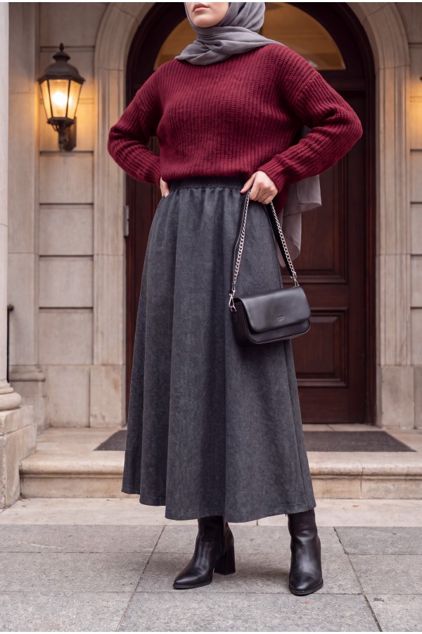 Diagonal Skirt with Elastic Waist and Double Pockets -Smoked