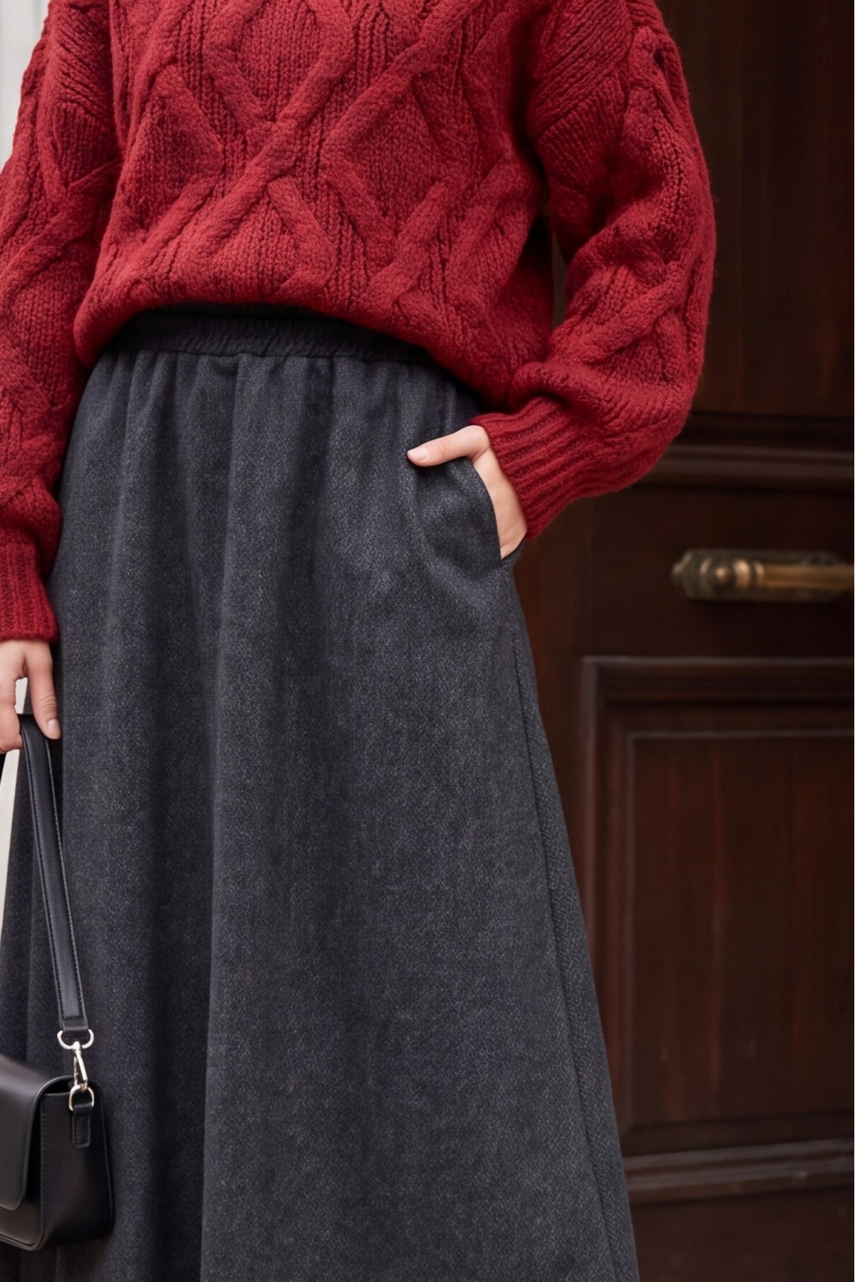 Diagonal Skirt with Elastic Waist and Double Pockets  -Smoked 