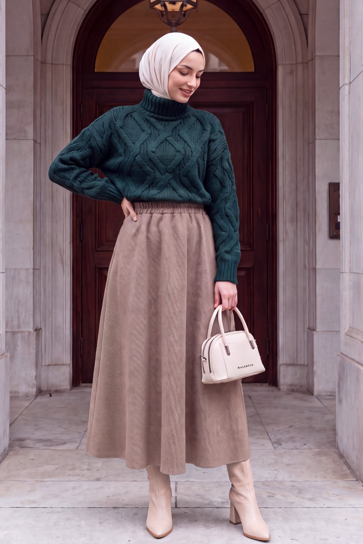 Diagonal Skirt with Elastic Waist and Double Pockets  -Mink color