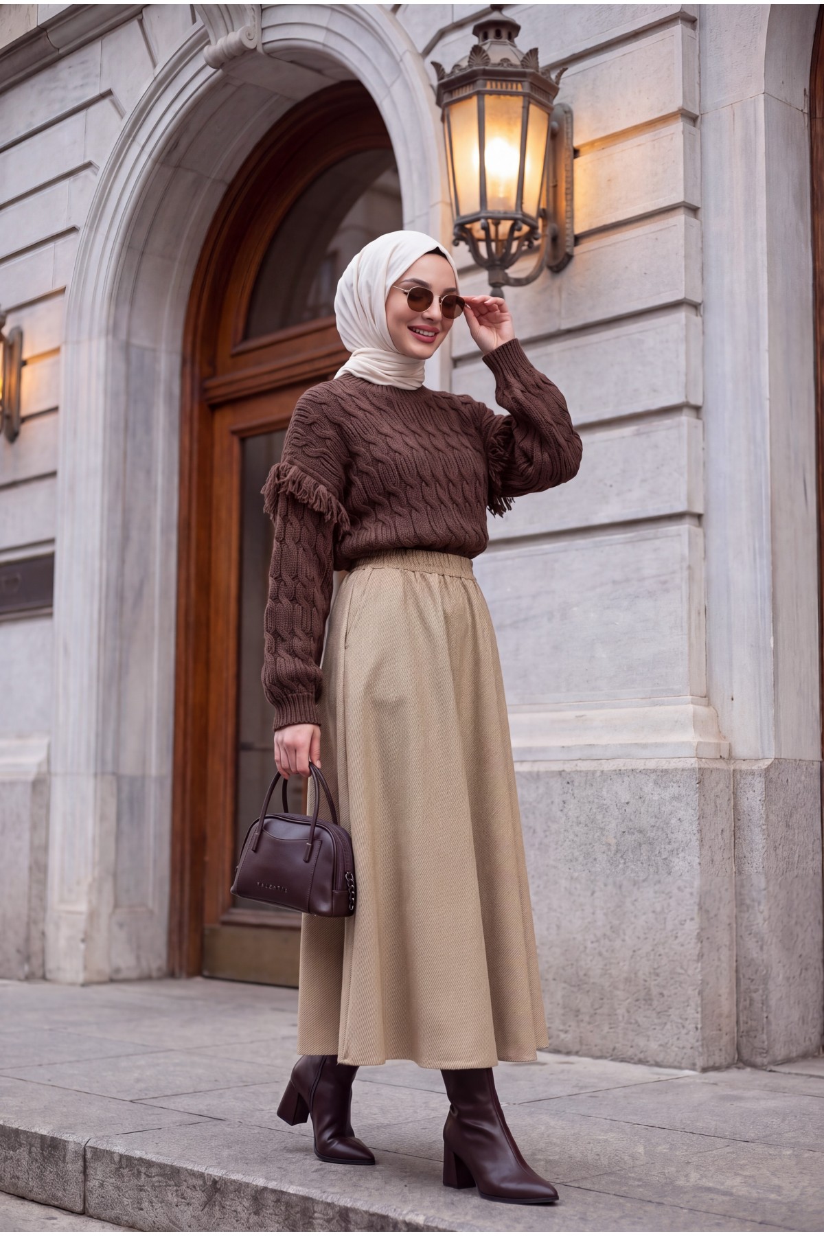 Diagonal Skirt with Elastic Waist and Double Pockets  -Light Mink
