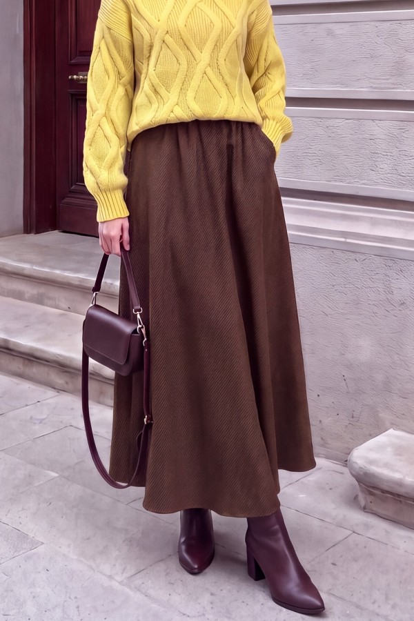 Diagonal Skirt with Elastic Waist and Double Pockets -Dark Coffee