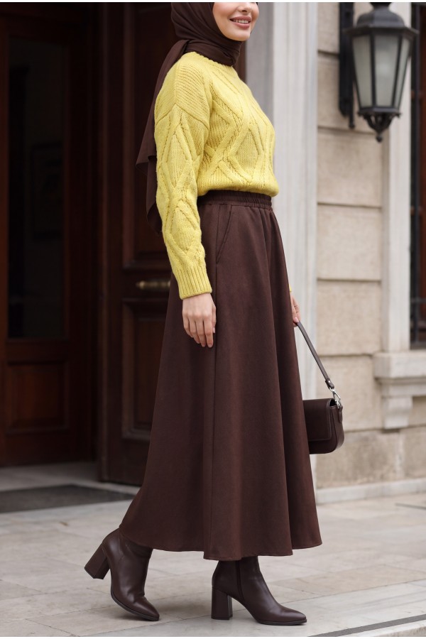 Diagonal Skirt with Elastic Waist and Double Pockets -Dark Coffee