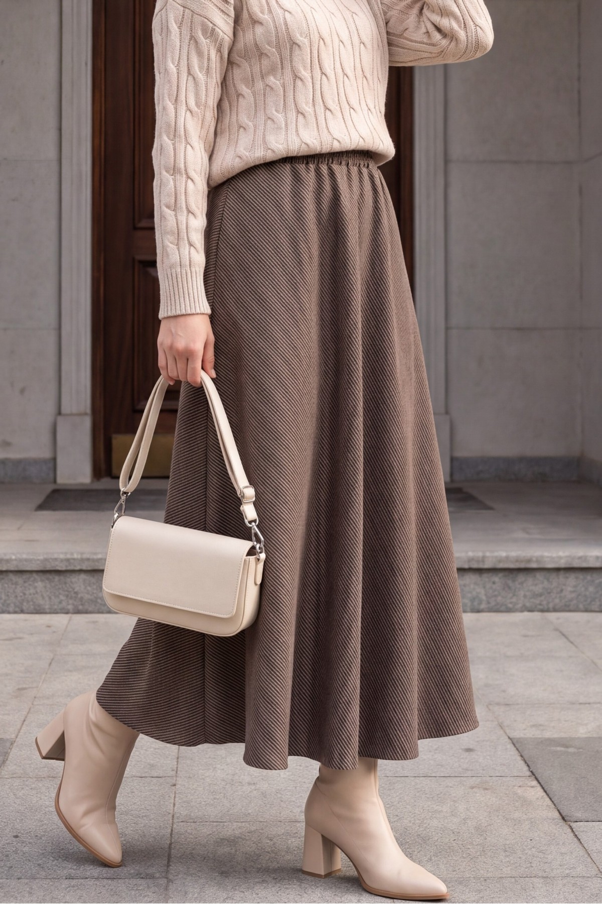 Diagonal Skirt with Elastic Waist and Double Pockets  -Light coffee