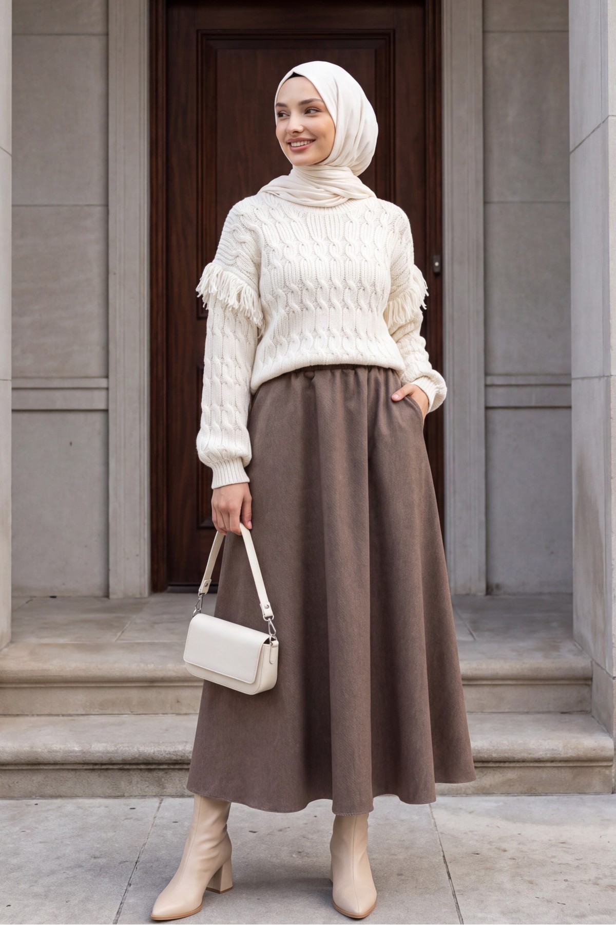 Diagonal Skirt with Elastic Waist and Double Pockets  -Light coffee