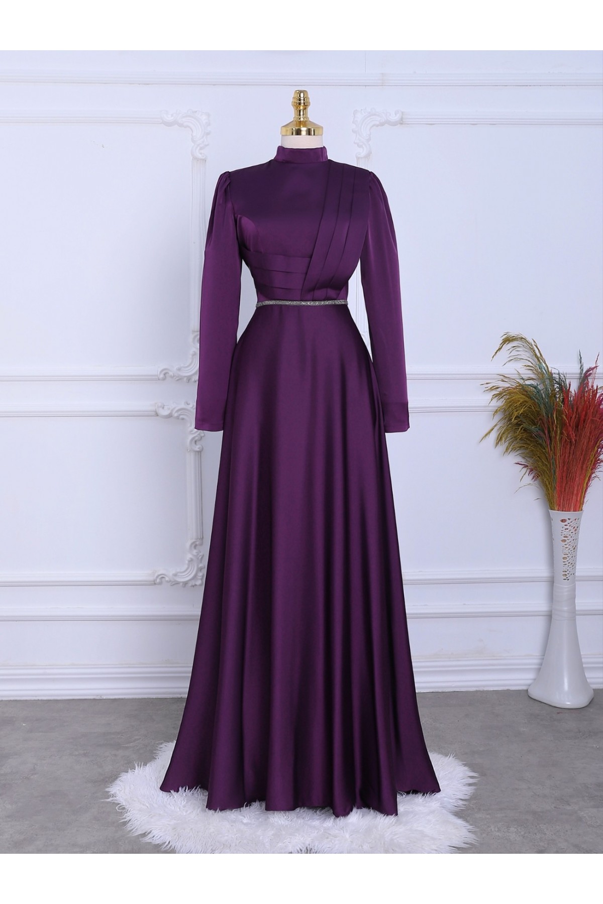 Front Draped Waist Bead Detailed Satin Evening Dress - Purple