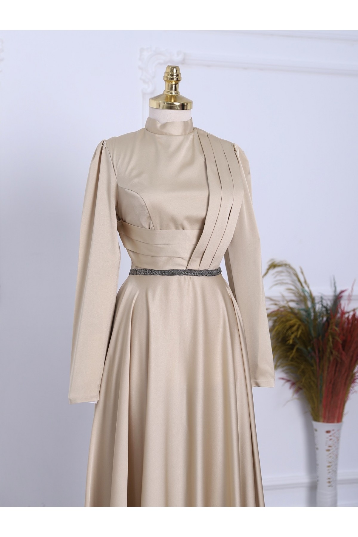 Front Draped Waist Bead Detailed Satin Evening Dress -Gold