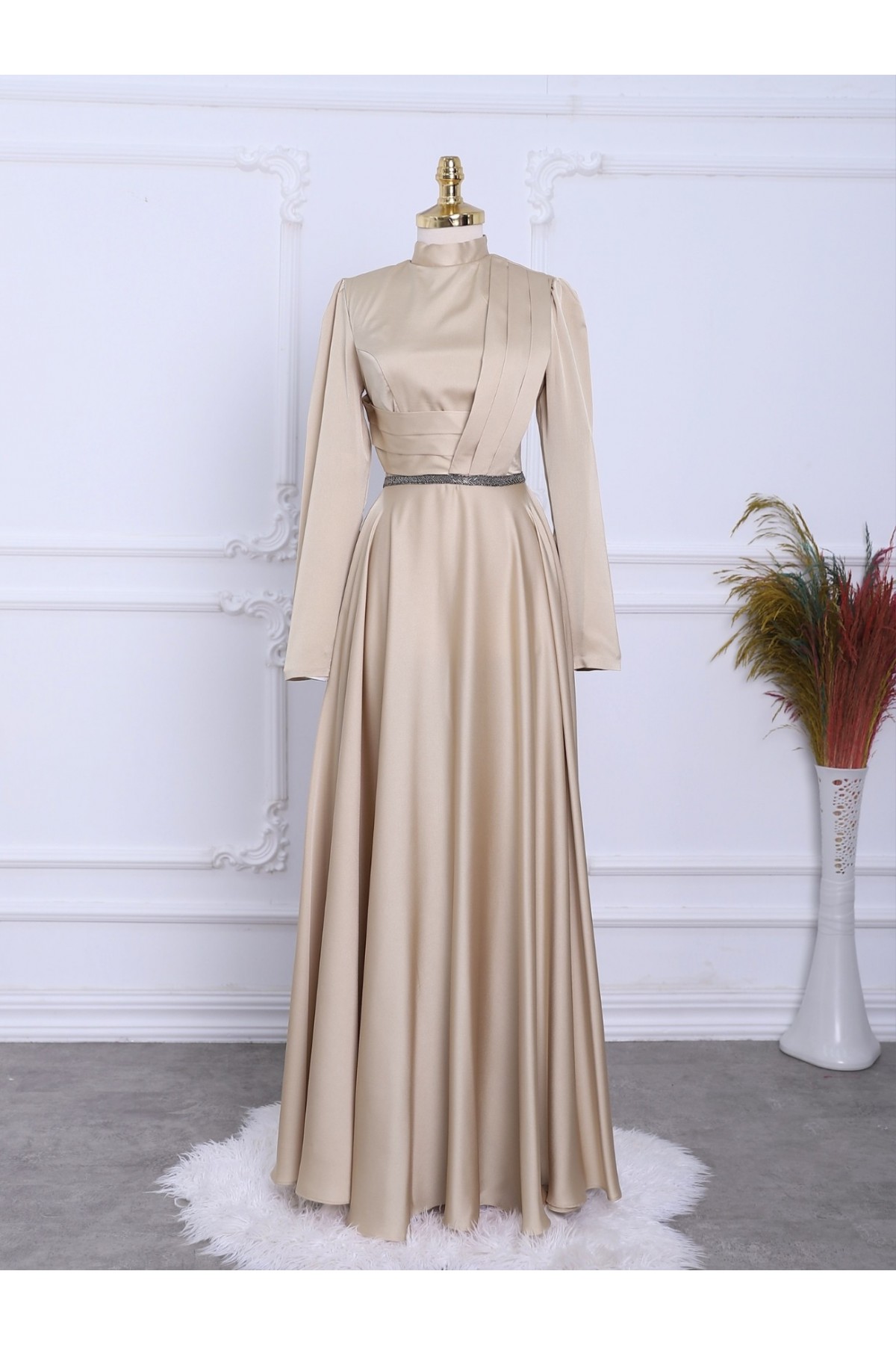 Front Draped Waist Bead Detailed Satin Evening Dress -Gold
