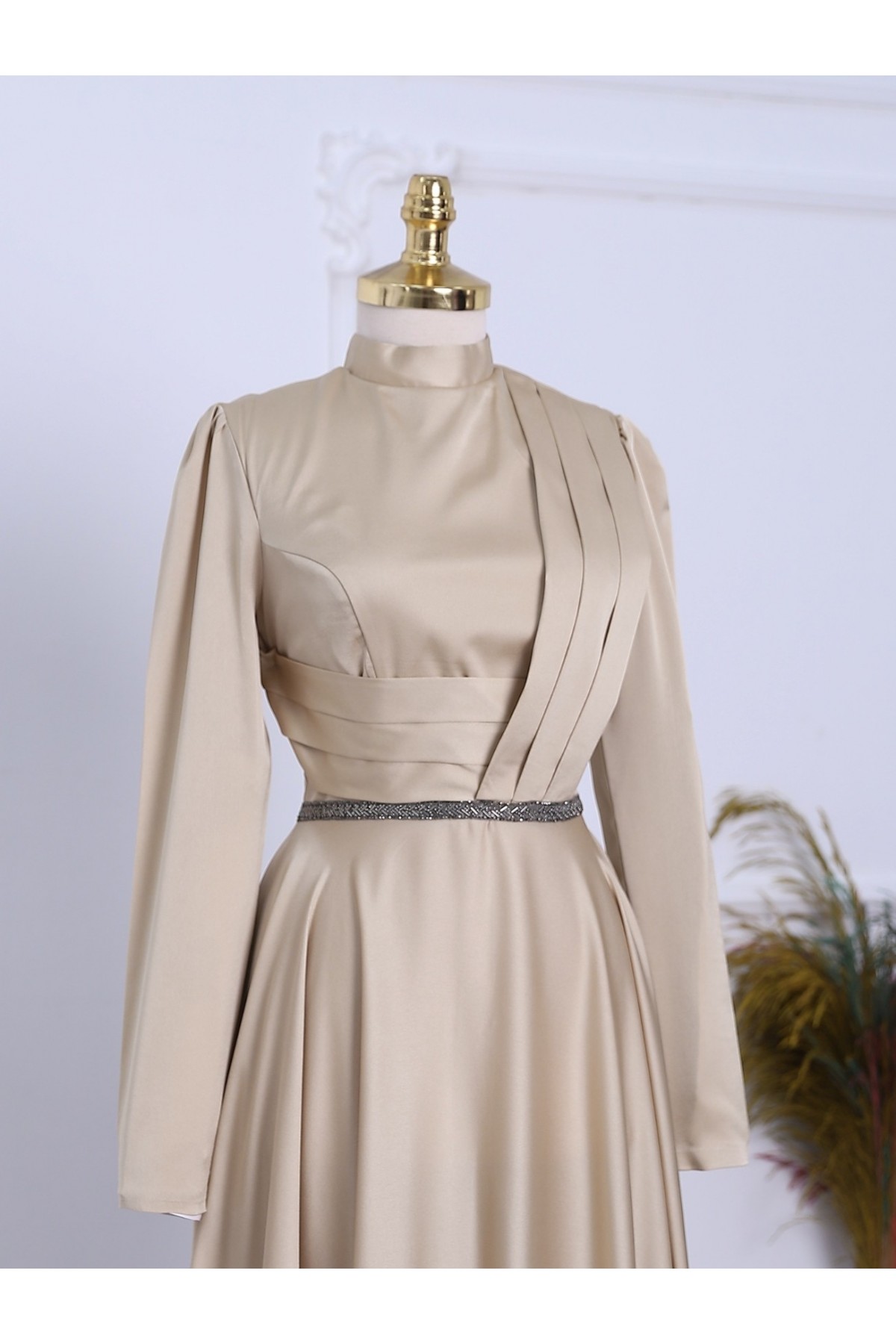 Front Draped Waist Bead Detailed Satin Evening Dress -Gold