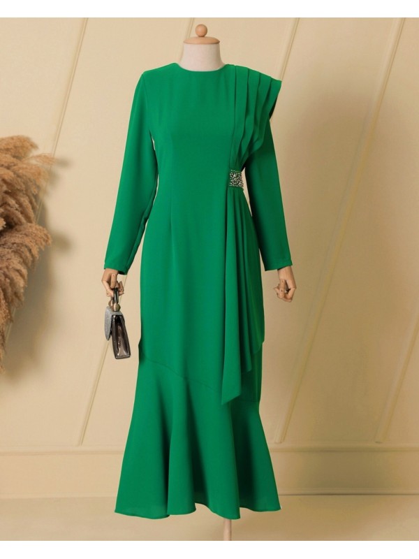 Beli Taş Detaylı Pileli Abiye -Yeşil