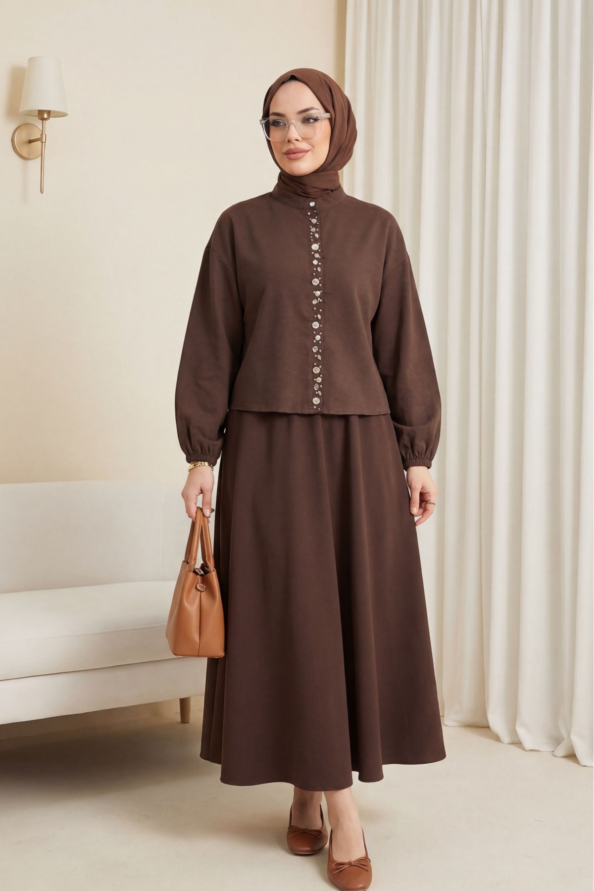 Kolu Lastikli Önü İncili Düğmeli Etekli Modal Takım -Kahve
