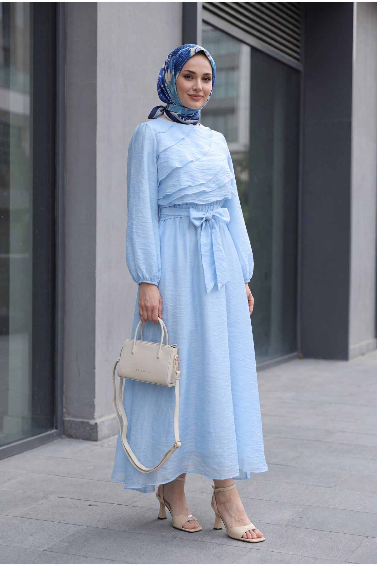 Chiffon dress with elasticated waist folded front balloon sleeves and lining  -Blue