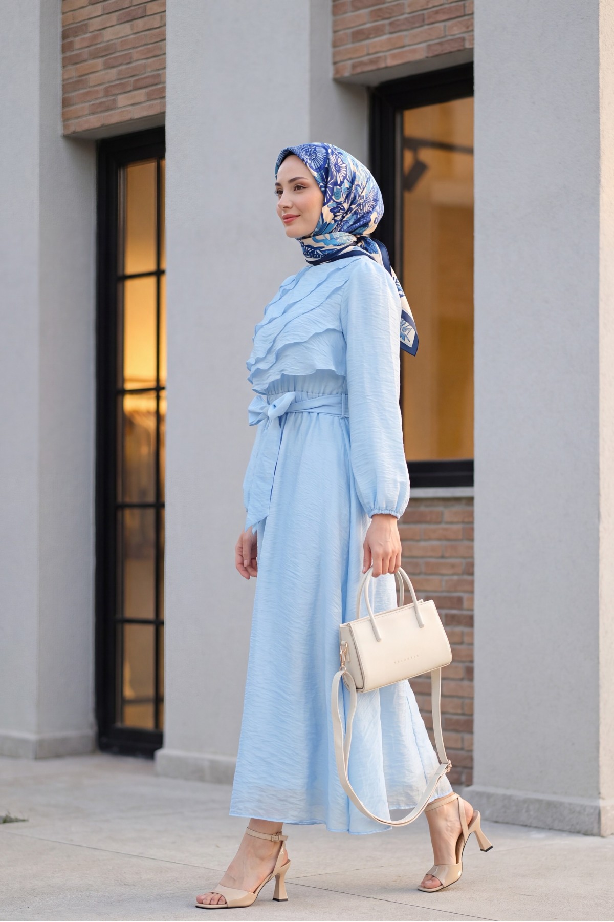 Chiffon dress with elasticated waist folded front balloon sleeves and lining  -Blue