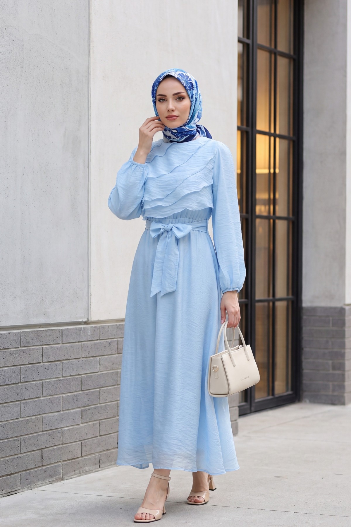 Chiffon dress with elasticated waist folded front balloon sleeves and lining  -Blue