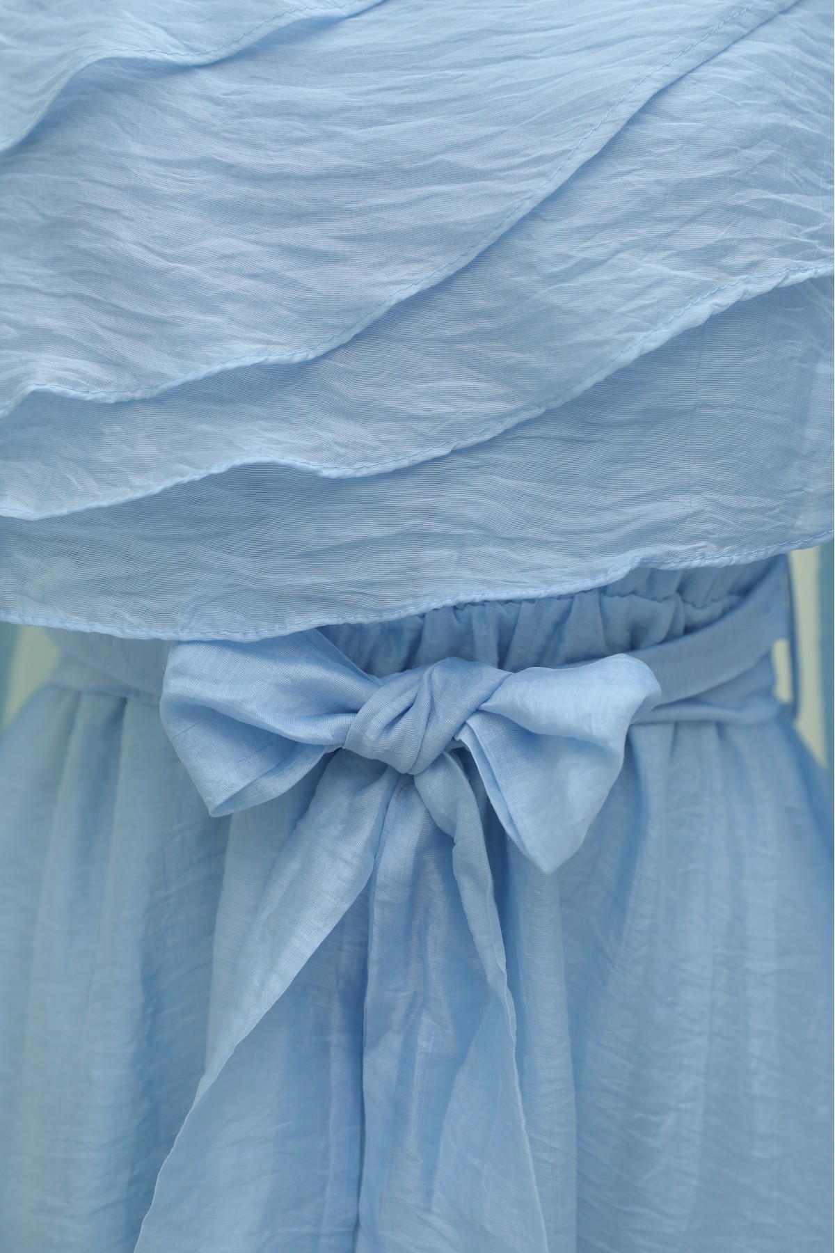 Chiffon dress with elasticated waist folded front balloon sleeves and lining  -Blue