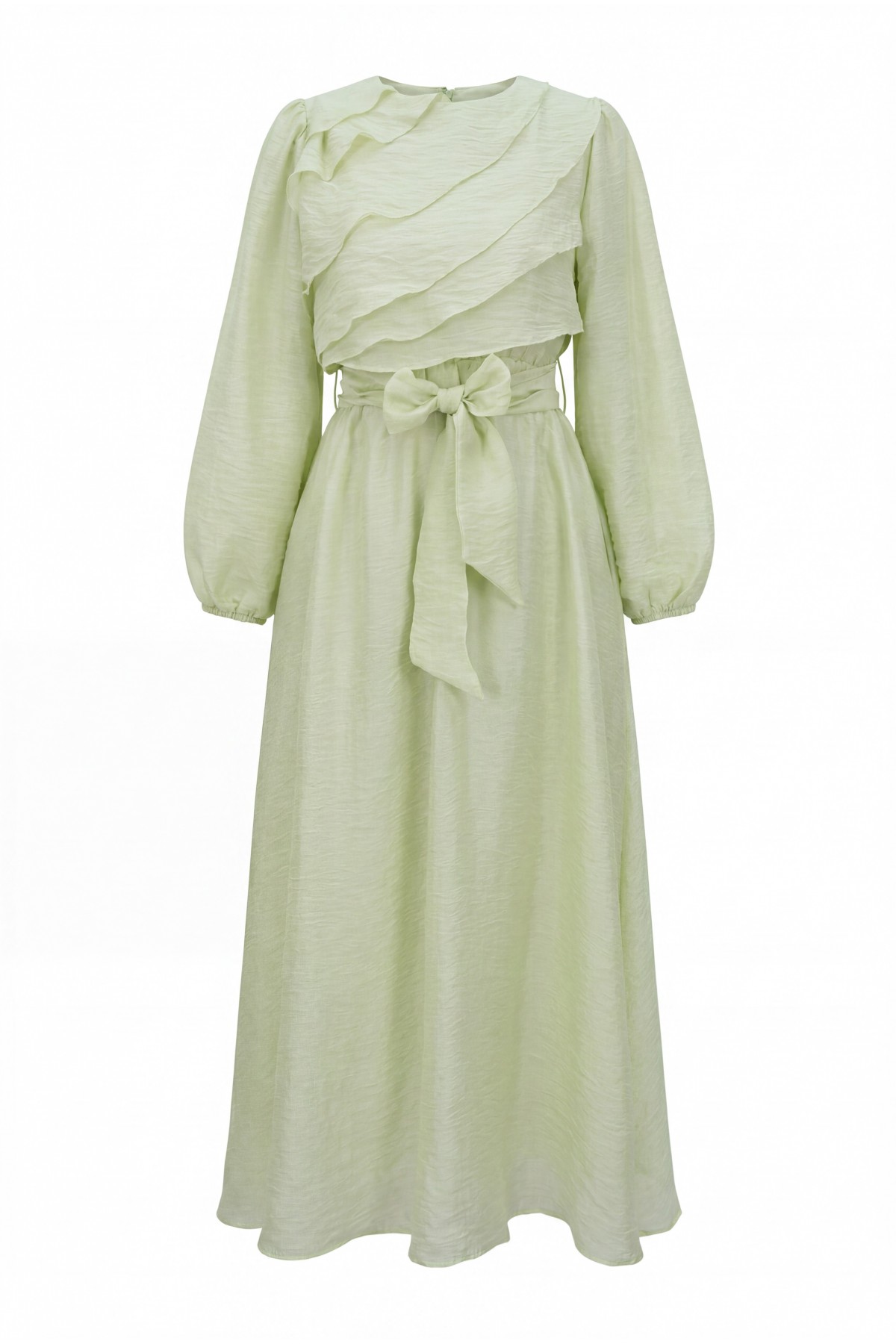Chiffon dress with elasticated waist folded front balloon sleeves and lining  -Sea green