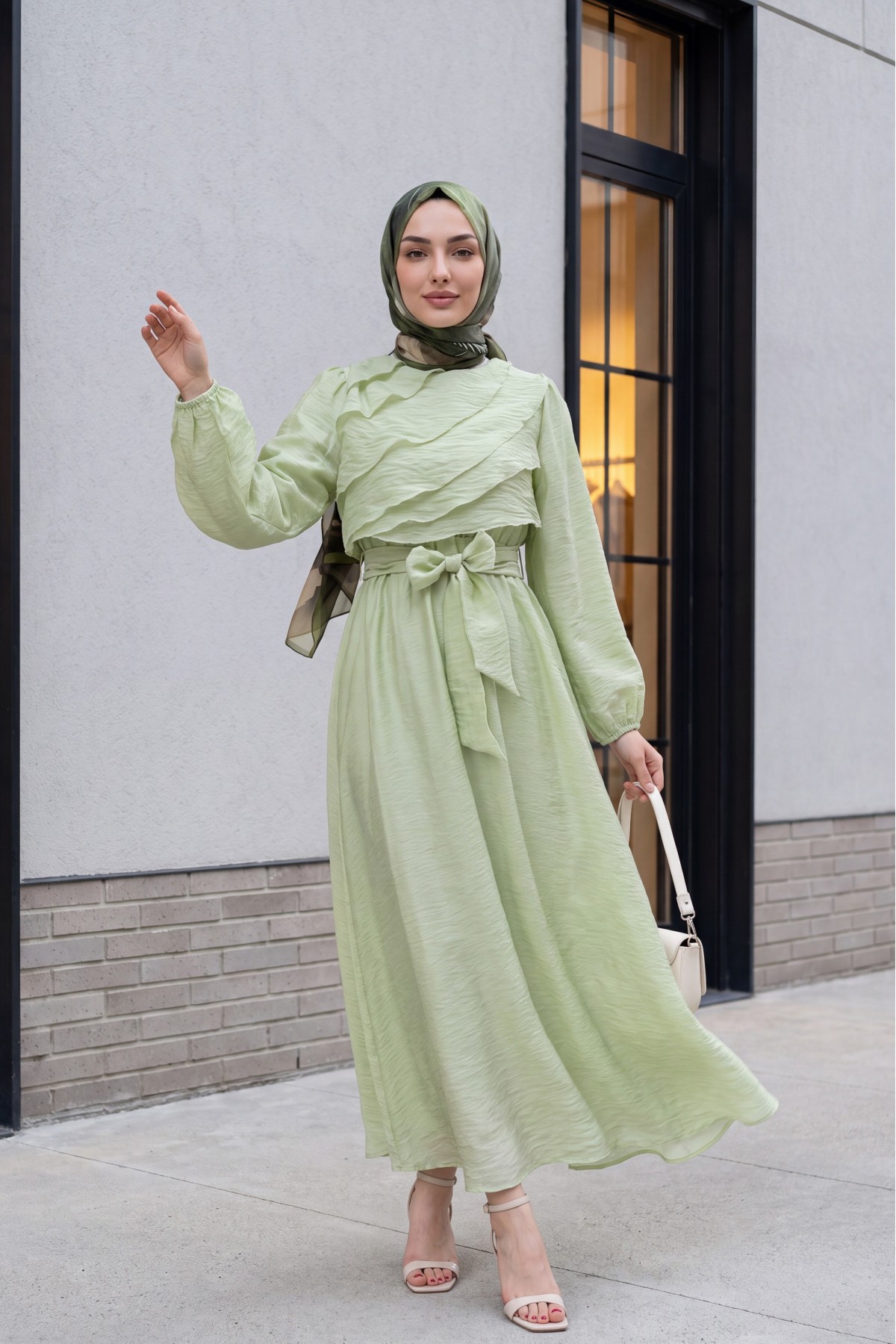 Chiffon dress with elasticated waist folded front balloon sleeves and lining  -Sea green