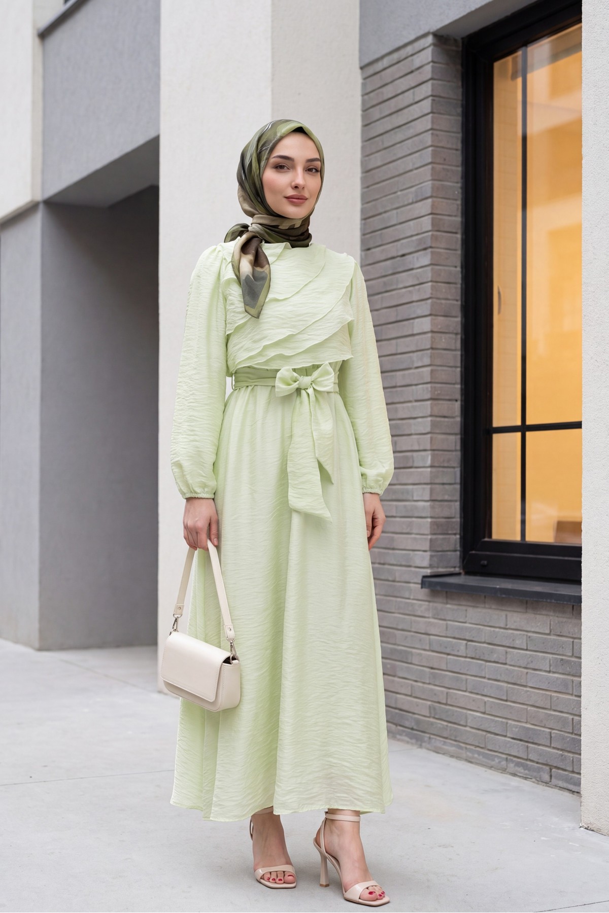 Chiffon dress with elasticated waist folded front balloon sleeves and lining  -Sea green