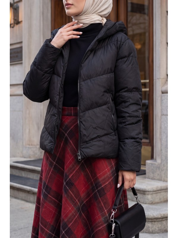 Fixed Hooded Zippered Winter Coat -Black