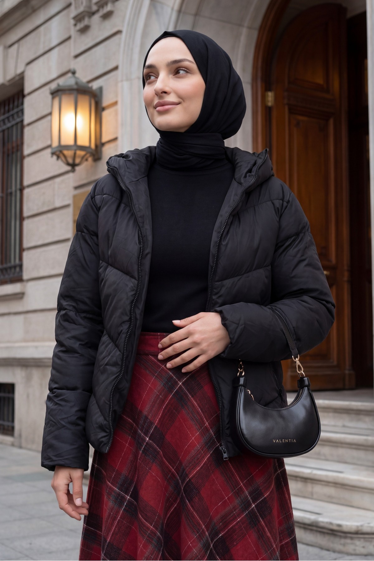Fixed Hooded Zippered Winter Coat -Black