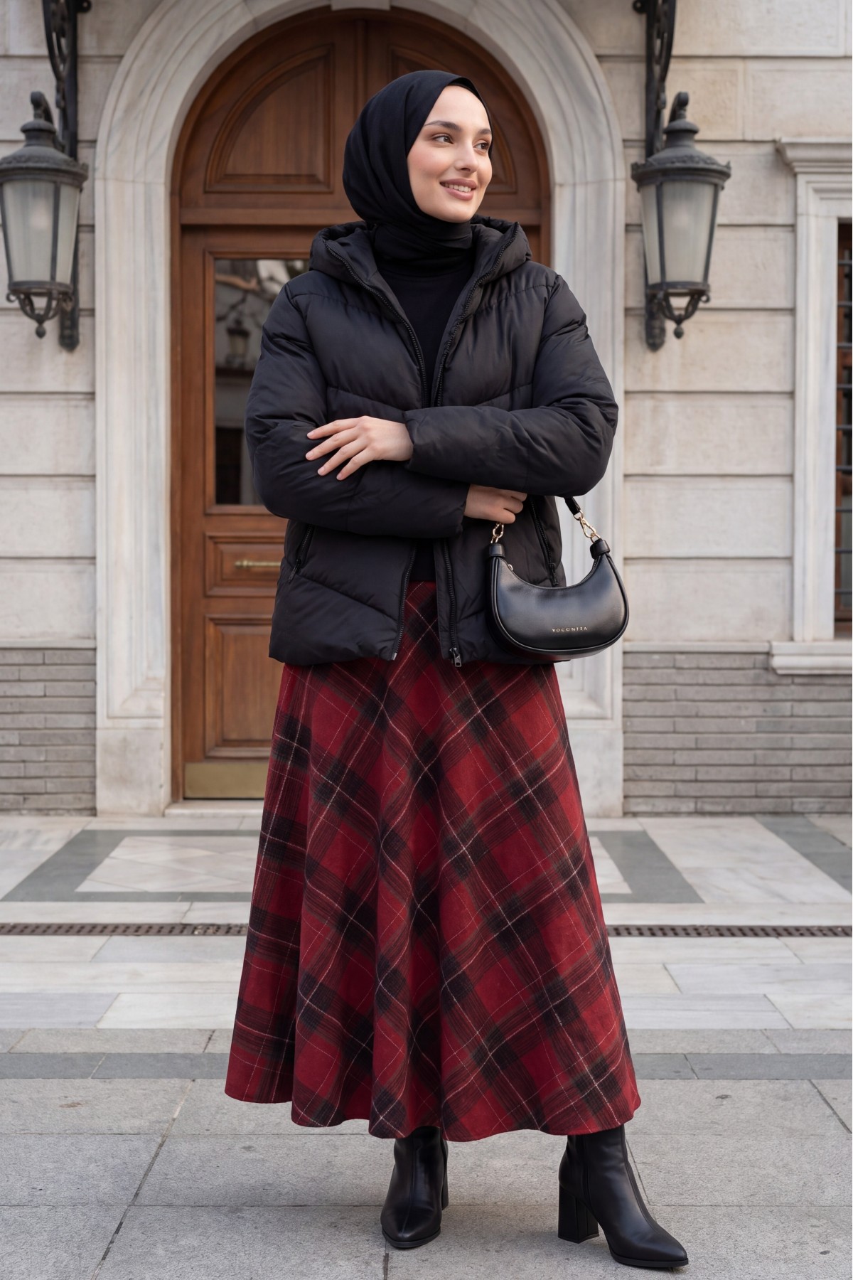 Fixed Hooded Zippered Winter Coat -Black