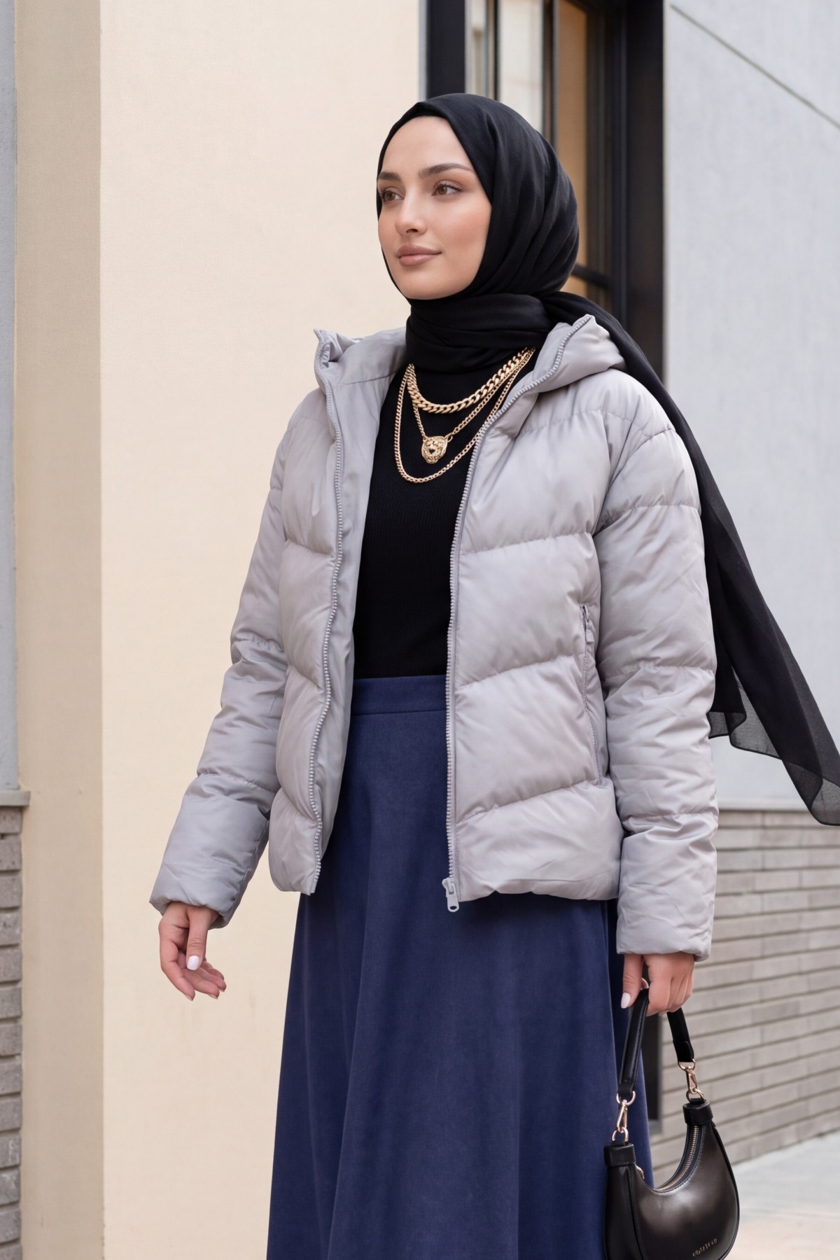 Fixed Hooded Zippered Winter Coat -Grey