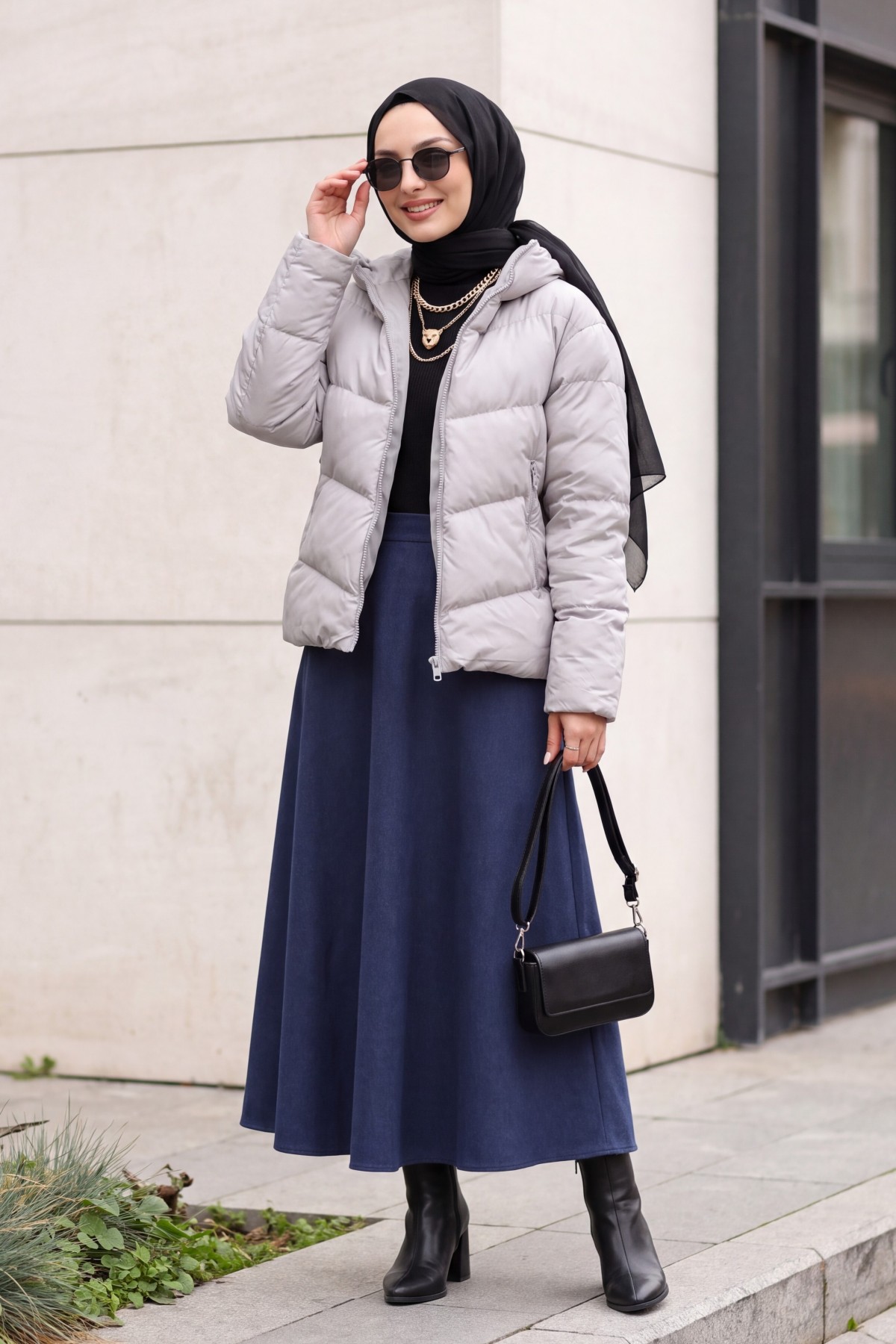 Fixed Hooded Zippered Winter Coat -Grey