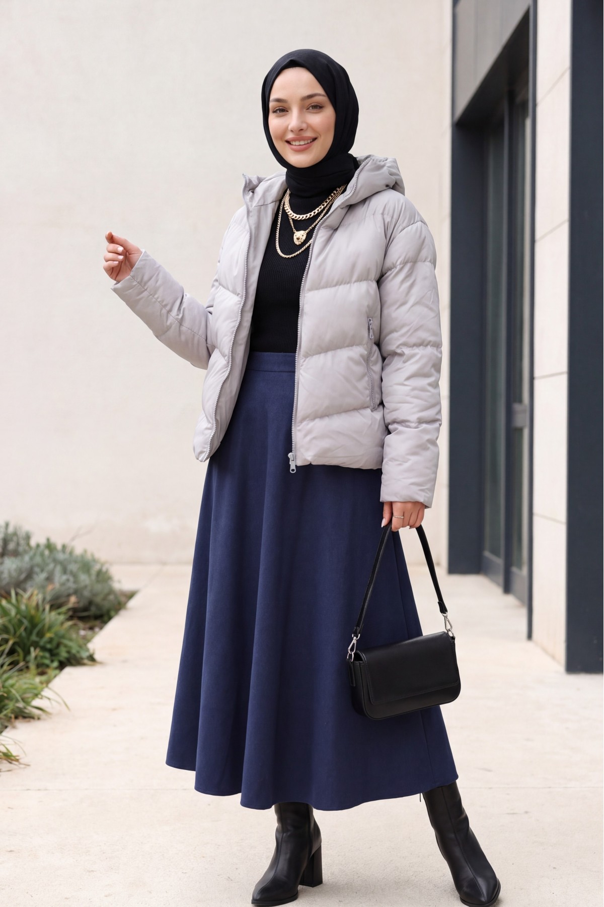 Fixed Hooded Zippered Winter Coat -Grey