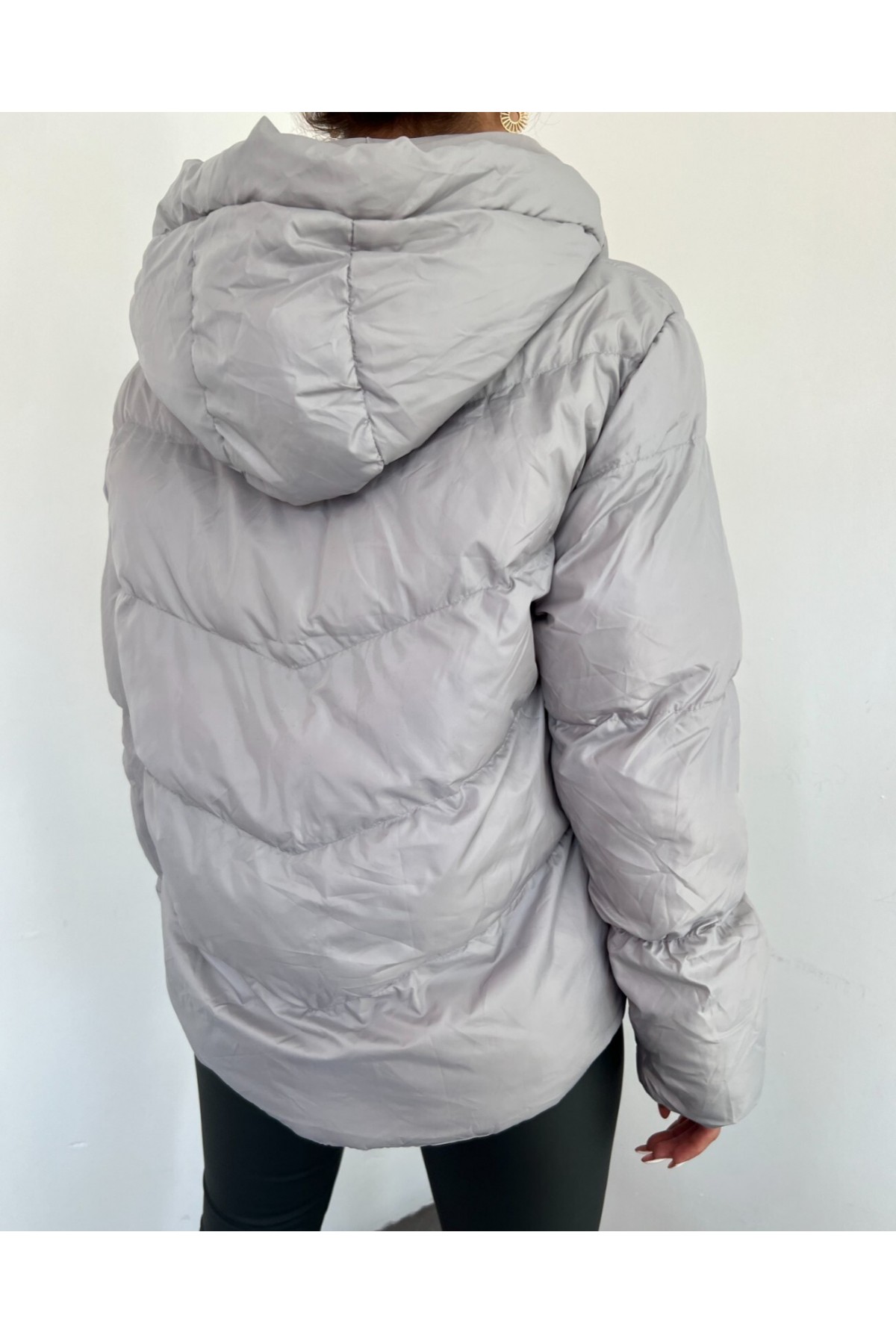 Fixed Hooded Zippered Winter Coat -Grey