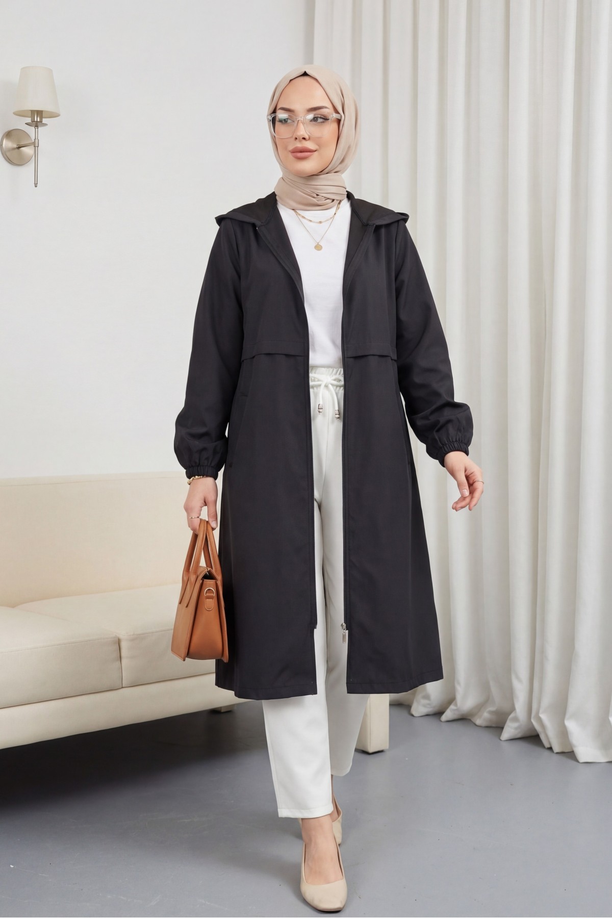 Long Zippered Hooded Raincoat -Black