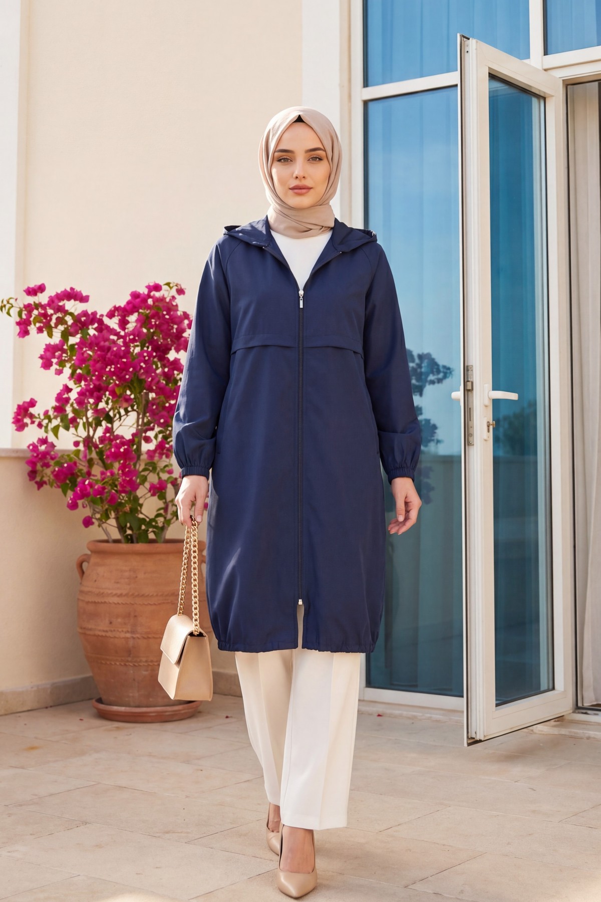 Long Zippered Hooded Raincoat -Navy blue