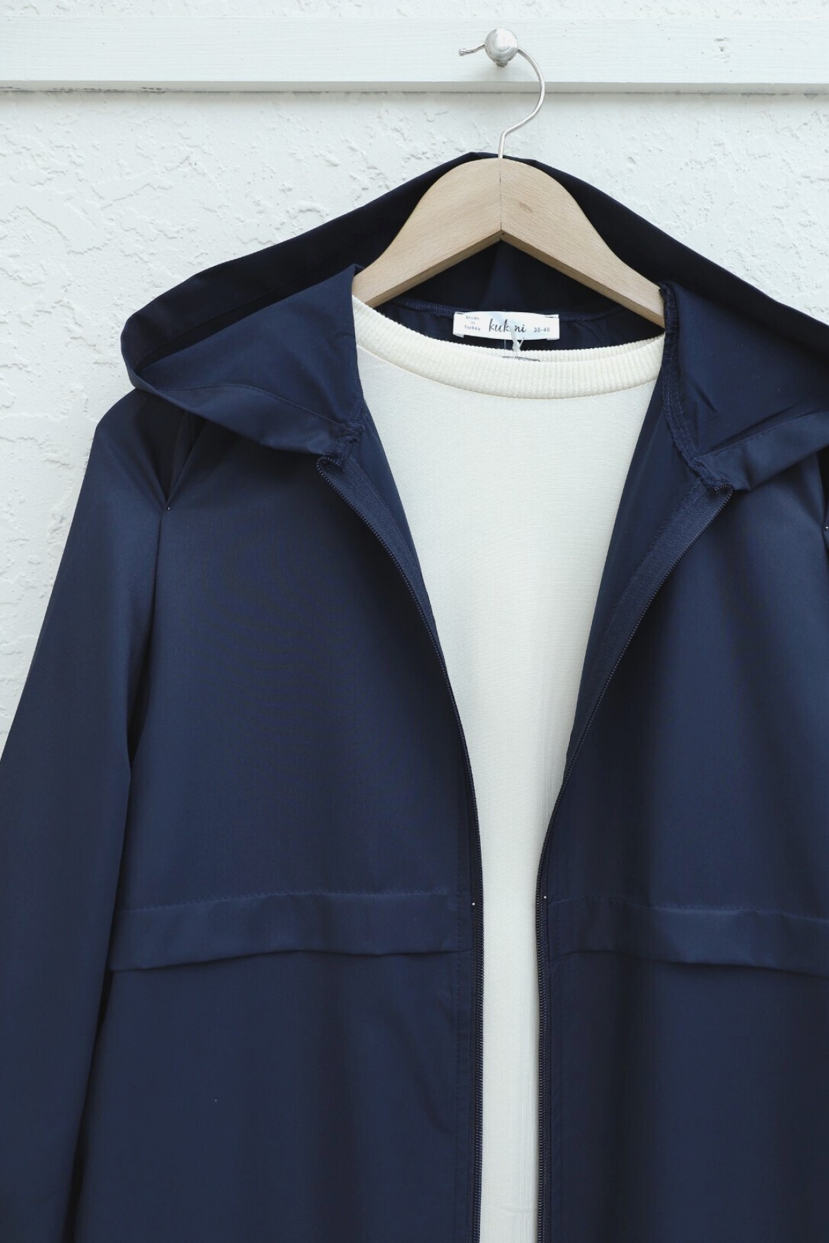 Long Zippered Hooded Raincoat -Navy blue