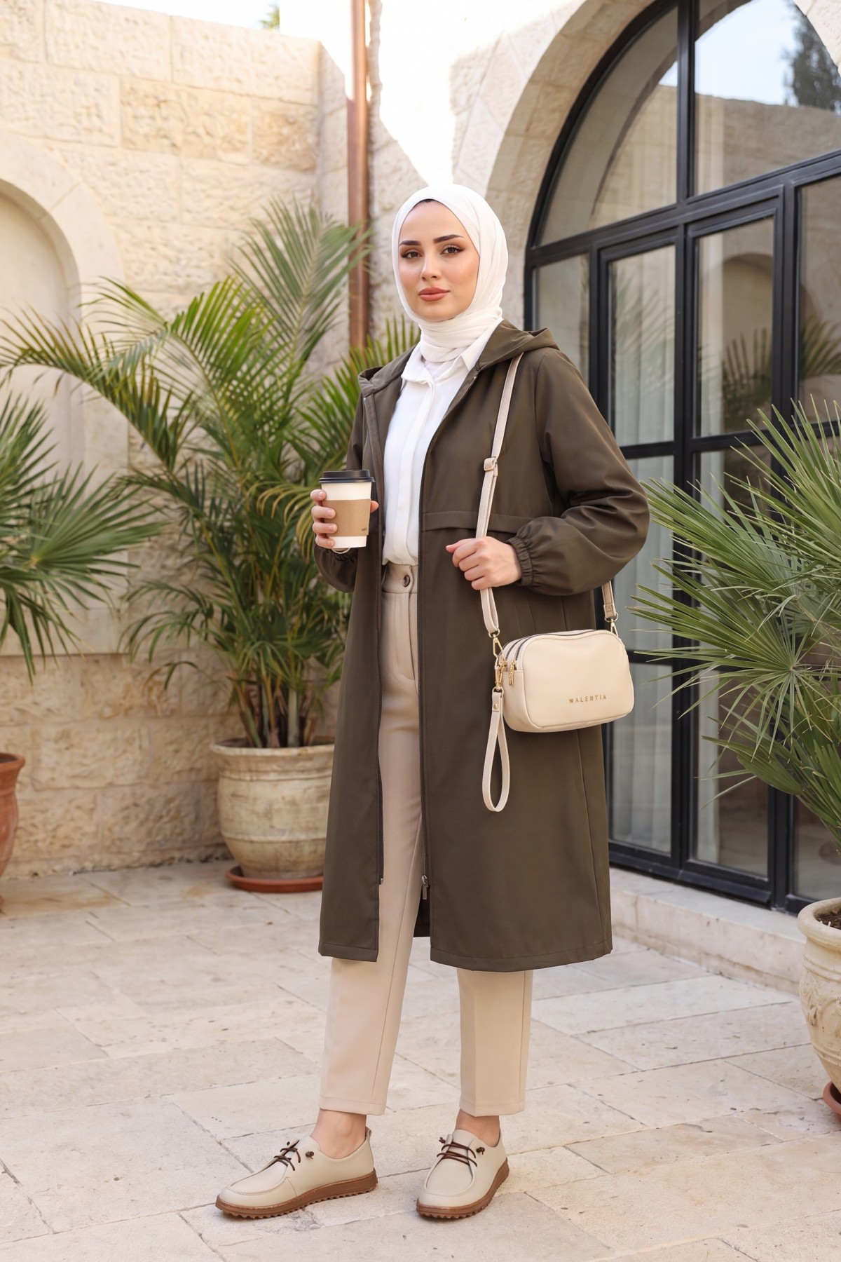 Long Zippered Hooded Raincoat  -Brown