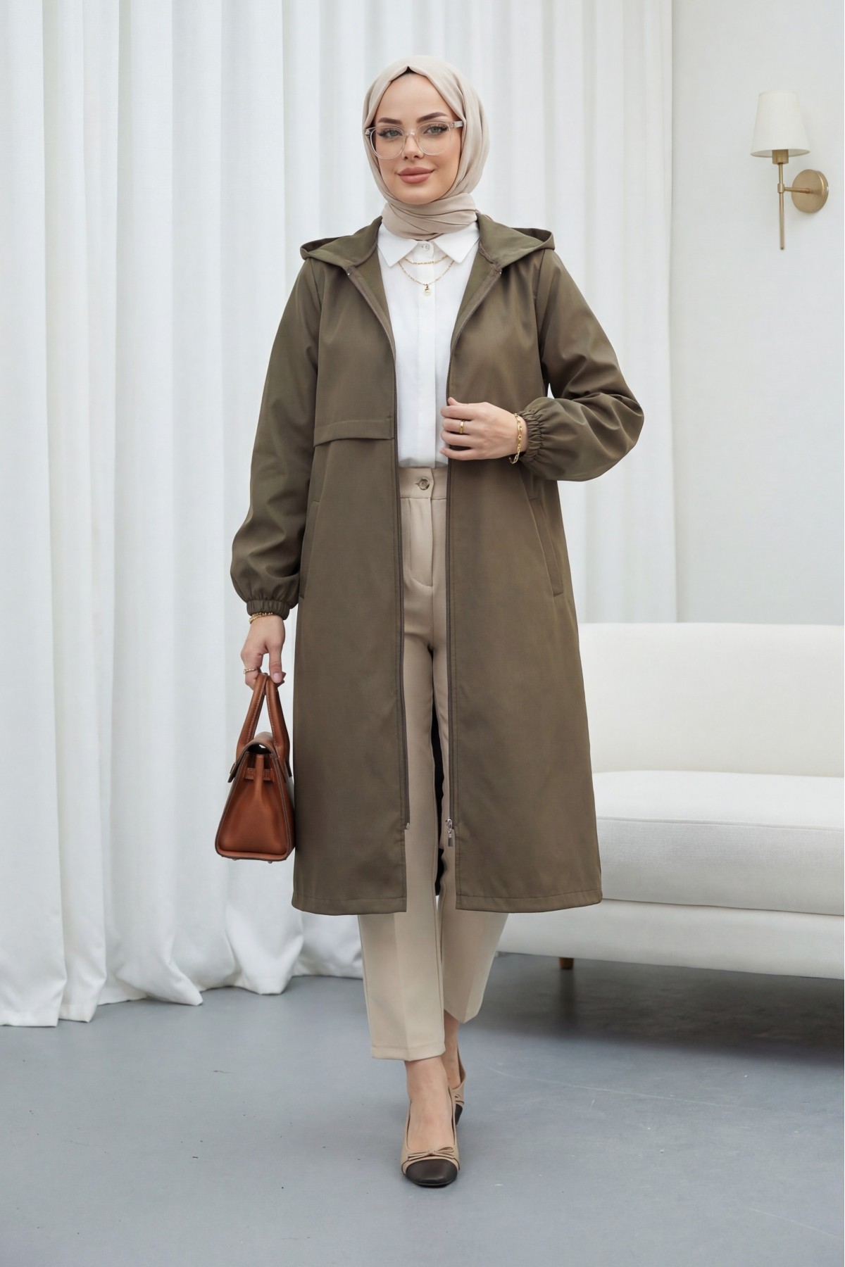 Long Zippered Hooded Raincoat  -Brown